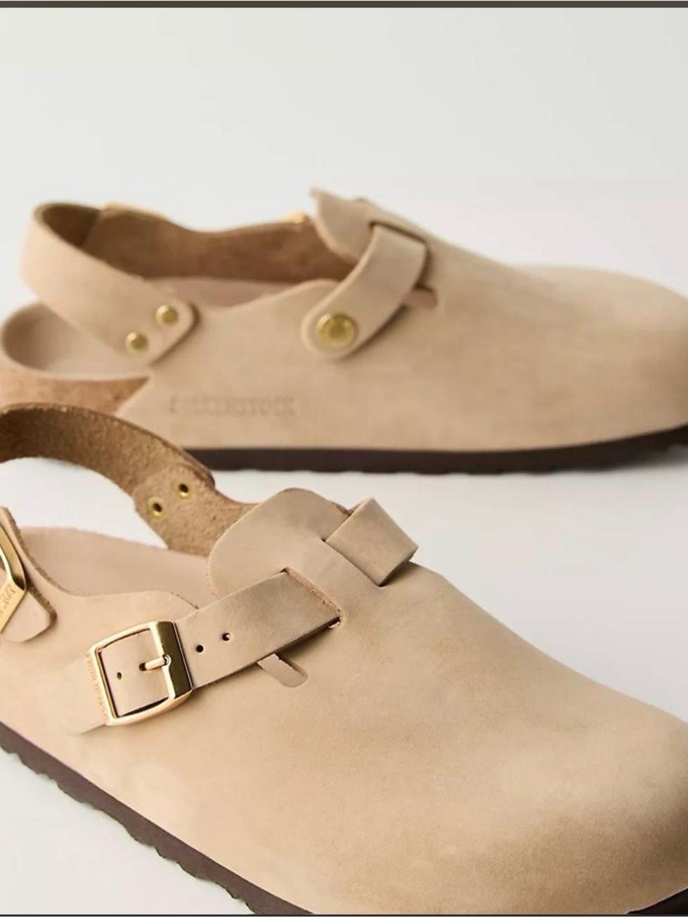 Birkenstock Beige Suede Slingback Clog with Gold Buckle